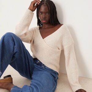 ASOS Cozy V-Neck Wrap Knit Sweater - Cream
